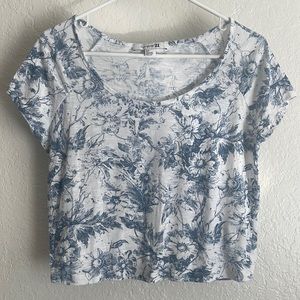 White Short Sleeve Crop Top with Blue Floral Pattern